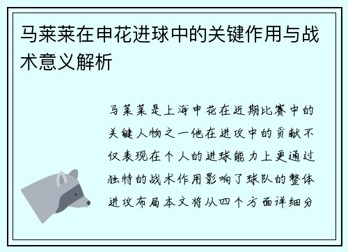 马莱莱在申花进球中的关键作用与战术意义解析 马莱莱在申花进球中的关键作用与战术意义解析