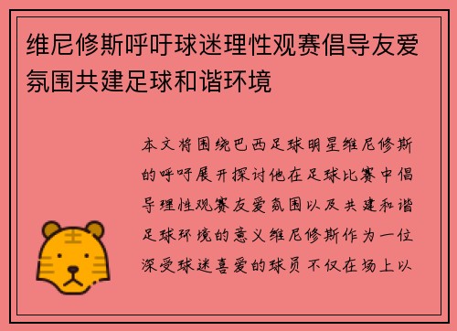 维尼修斯呼吁球迷理性观赛倡导友爱氛围共建足球和谐环境