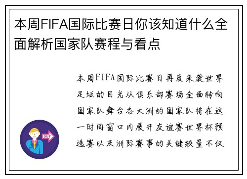 本周FIFA国际比赛日你该知道什么全面解析国家队赛程与看点 本周FIFA国际比赛日你该知道什么全面解析国家队赛程与看点